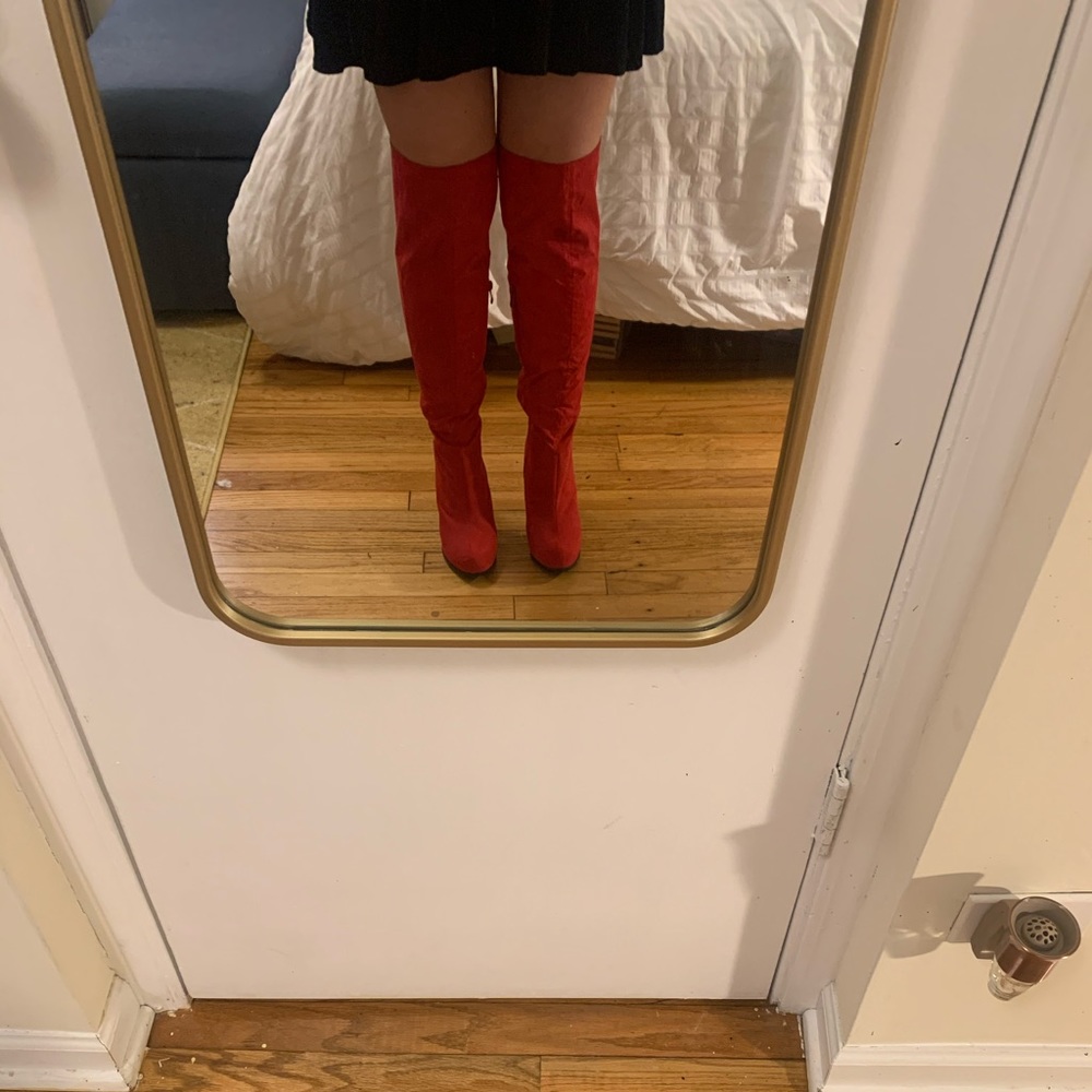 Red thigh high boots